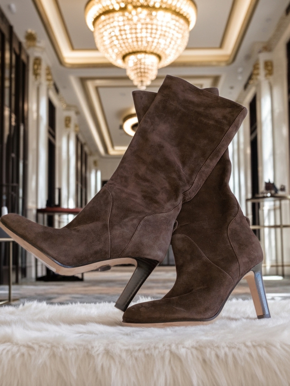 New Veronica Beard Tall Knee Suede Espresso Color Mid Heel Boots 8.5M $795